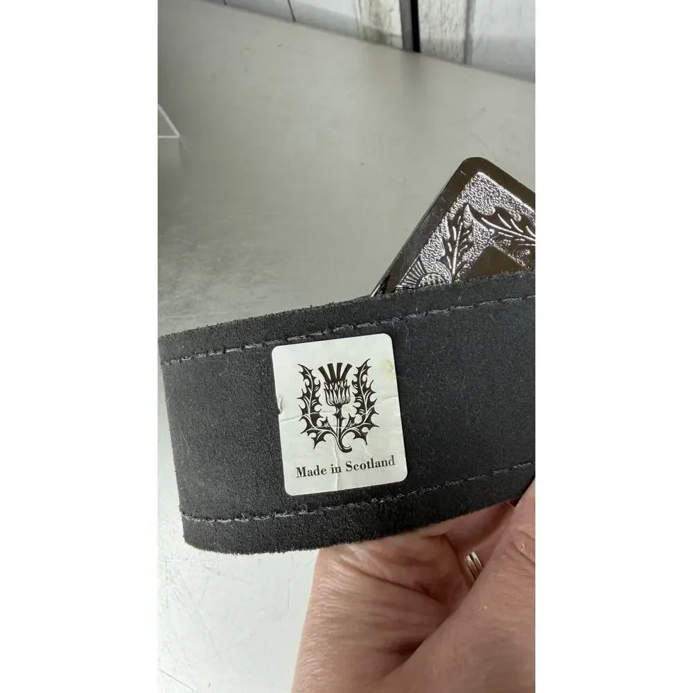 Black KILT Leather BELT SCOTTISH THISTLE SILVER BUCKLE Size Large XL Highland